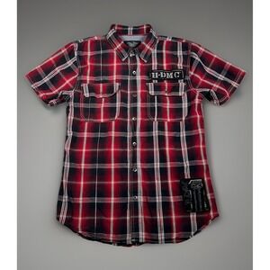 Harley Davidson Shirt Men Medium Red Black Plaid Snap Button Up Racing Shop HDMC